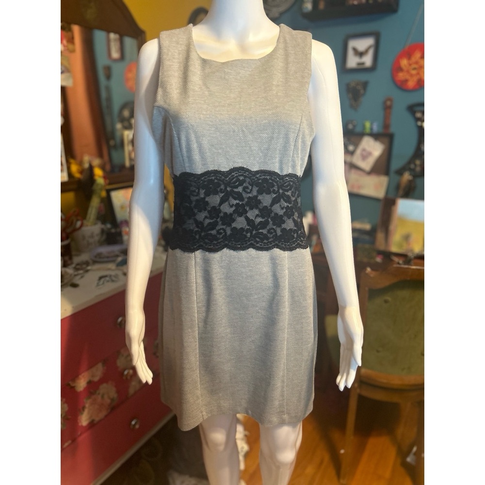ModCloth Monteau Grey Tweed Sheath Dress with Black Lace